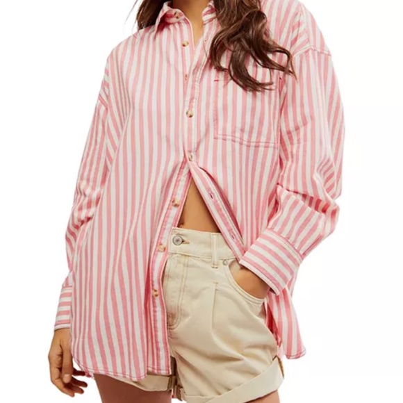 Large Freddy Shirt Free People - We The Free Red (pink ish) White Striped Shirt - Picture 8 of 14